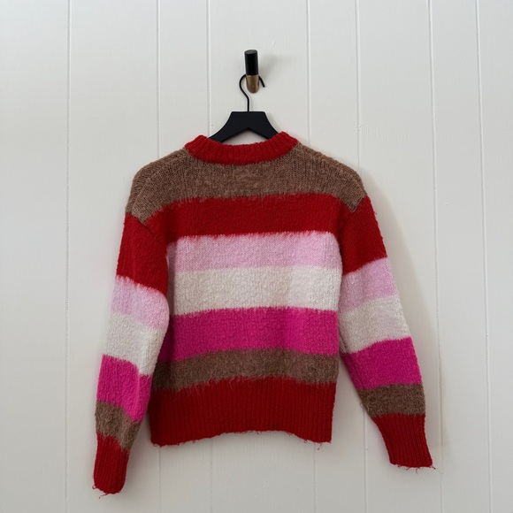 AND Striped Fuzzy Red Pink Tan Sweater - Picture 6 of 7